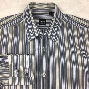 BOSS Hugo Boss Men's Medium Gray Beige Striped Dress Shirt Regular Fit